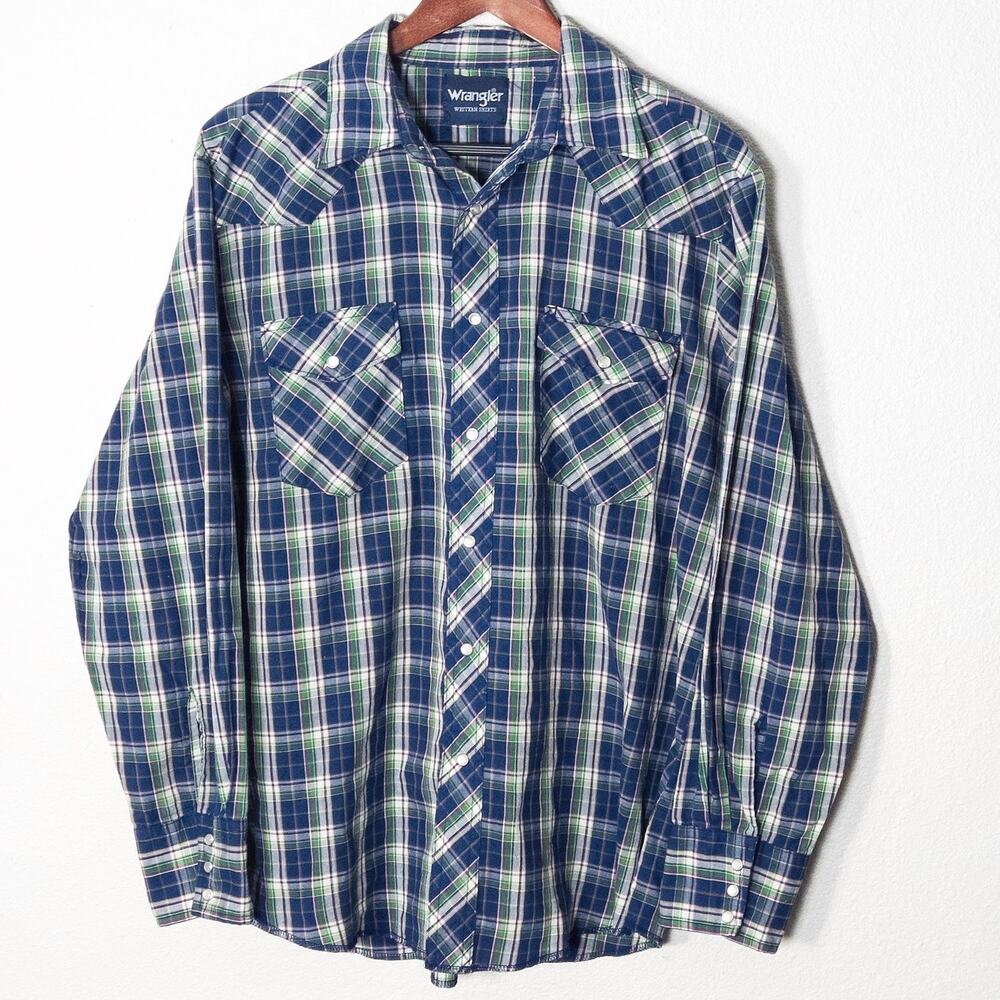 Wrangler Boys Western Shirt Size M Blue Plaid Pearl Snap Cowboy Country